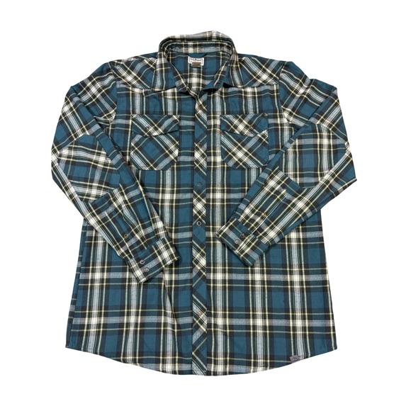 L.L. Bean Other - LL Bean Mens Tall Large Plaid Western Snap Flannel Shirt Teal Yellow 298103